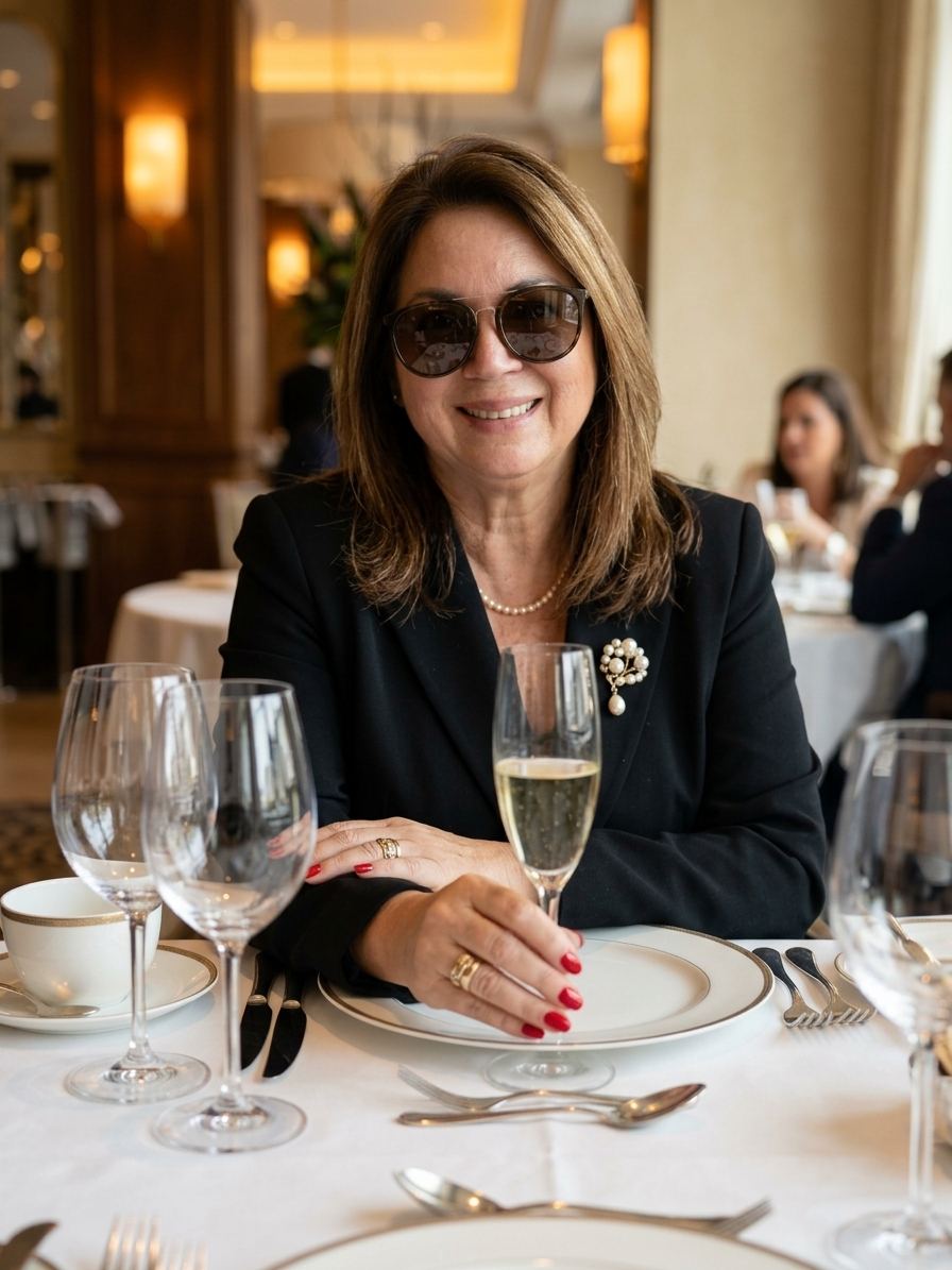 Renata sorrindo, sentada à mesa de um restaurante